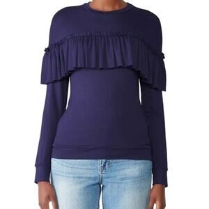 Anthropologie Parsian Ruffle Blouse Long Sleeve S Navy Blue Romantic Feminine